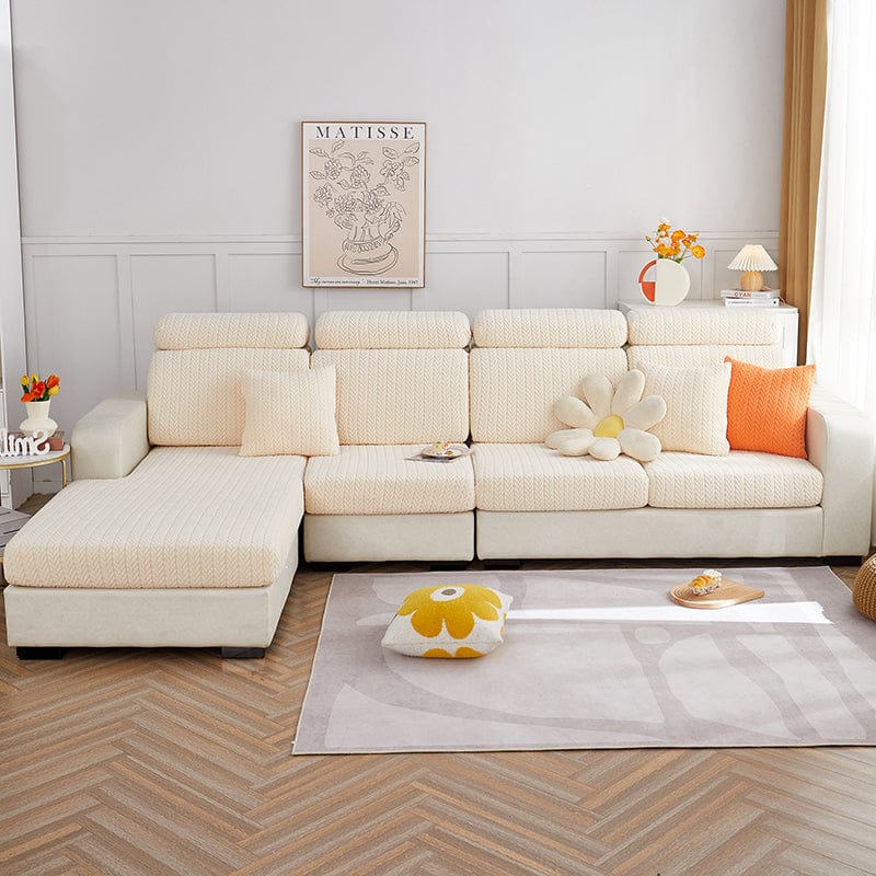 Bezug aus Fleece für Sitz- und Rückenkissen, Wollweiß Zopfmuster, auf den Sitz- und Rückenkissen eines Sofas