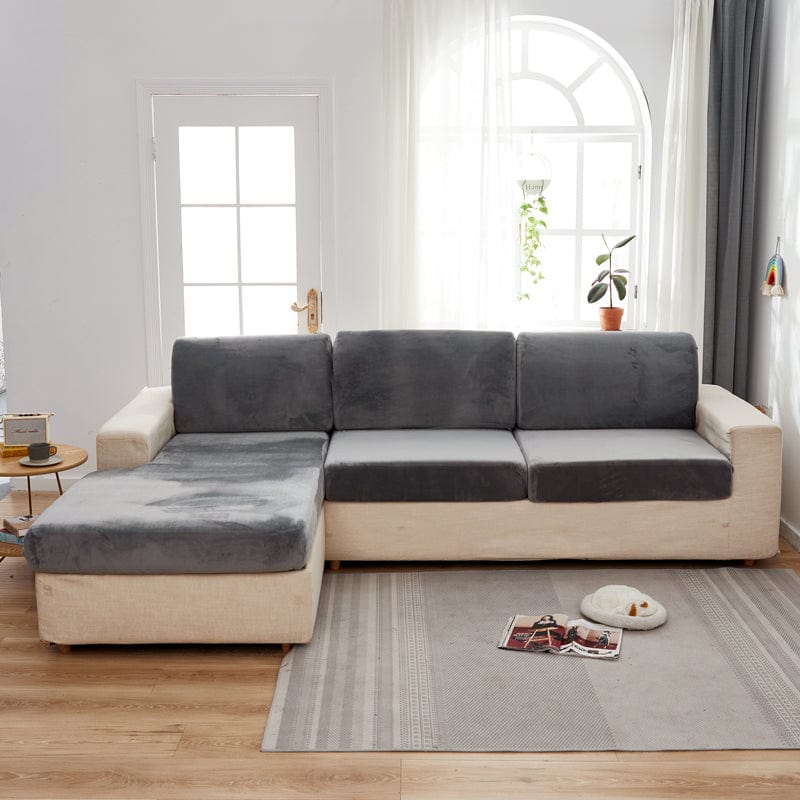 Bezug aus Samt für Sitz- und Rückenkissen, Schiefergrau, auf den Sitz- und Rückenkissen eines Sofas