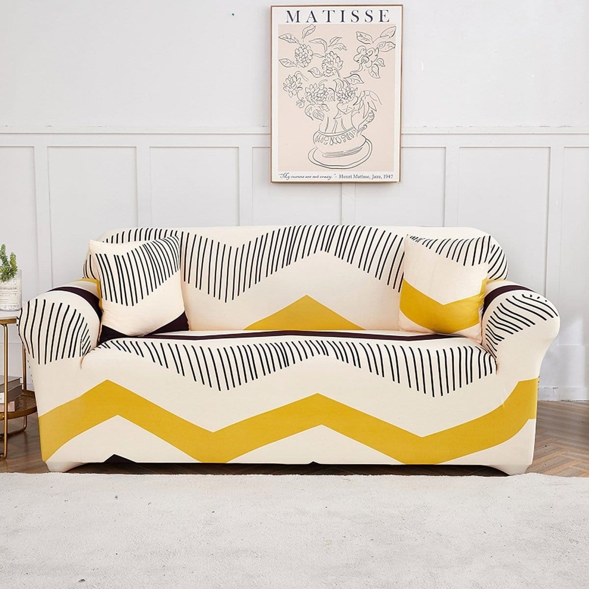 Stretch-Sofabezug Ecru mit gelbem Chevron