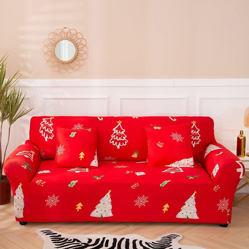 Stretch-Sofabezug mit Weihnachtsmotiv Rot mit weißer Tanne