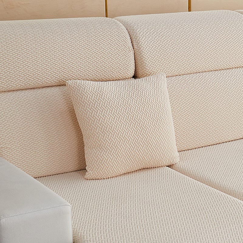 Kissenbezug aus Fleece 45 × 45 cm — 1 Stück, Beige Flechtmuster, auf einem Sofa