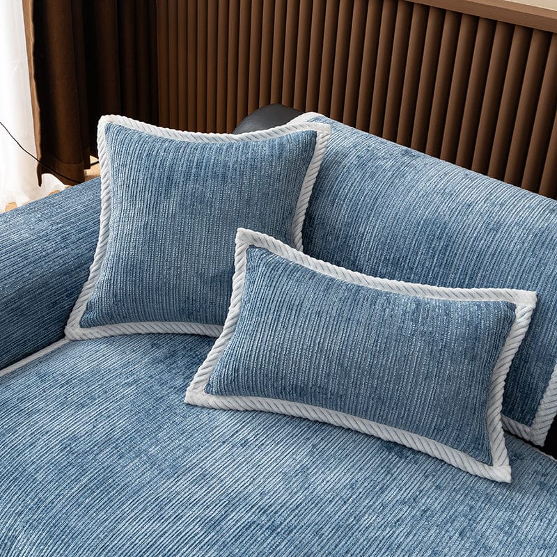 EasyCover-Kissenbezug aus Cord-Chenille — 1 Stück, Blau Cord, auf einem Sofa
